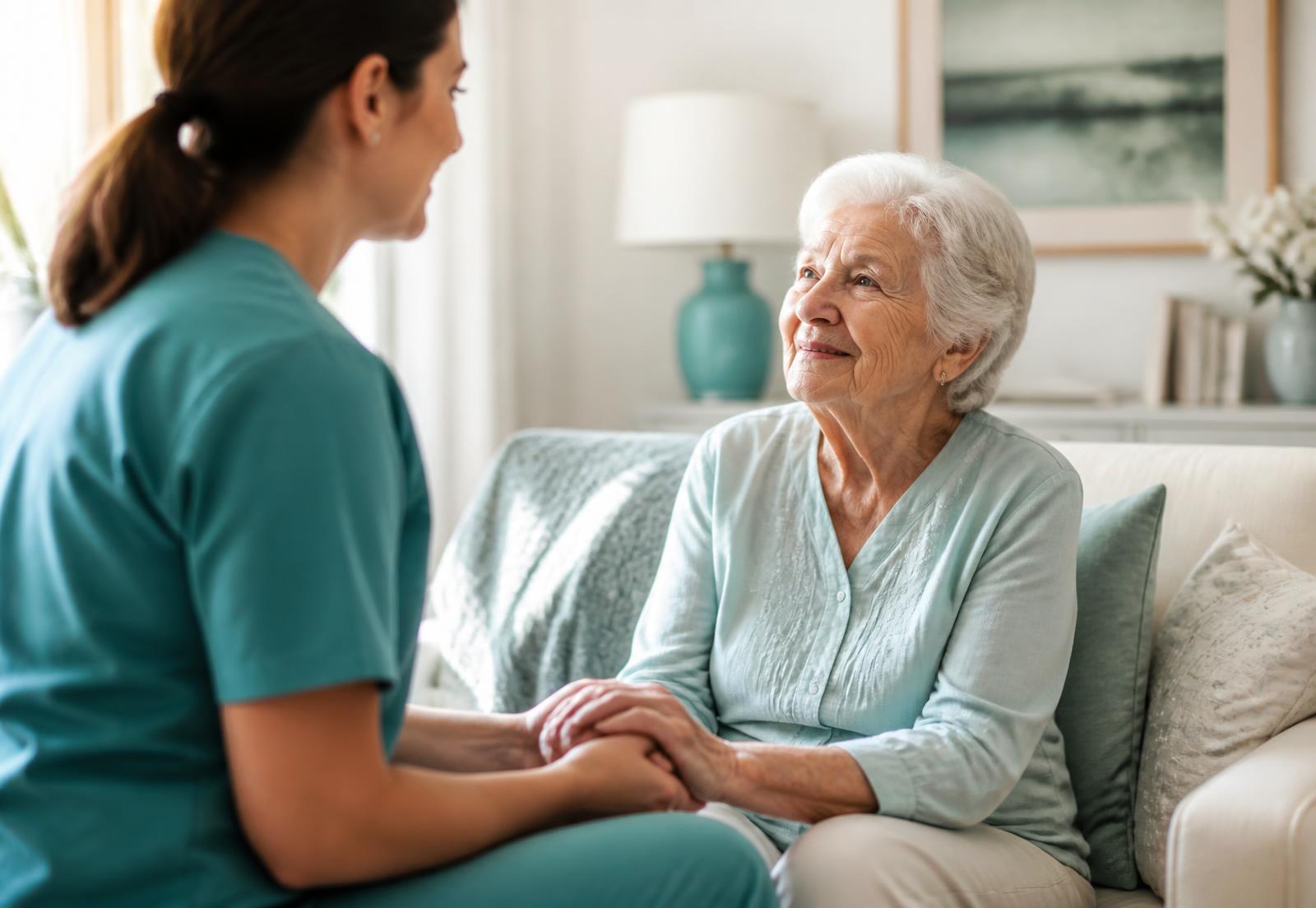 A caregiver and an elderly woman sitting together in a bright room