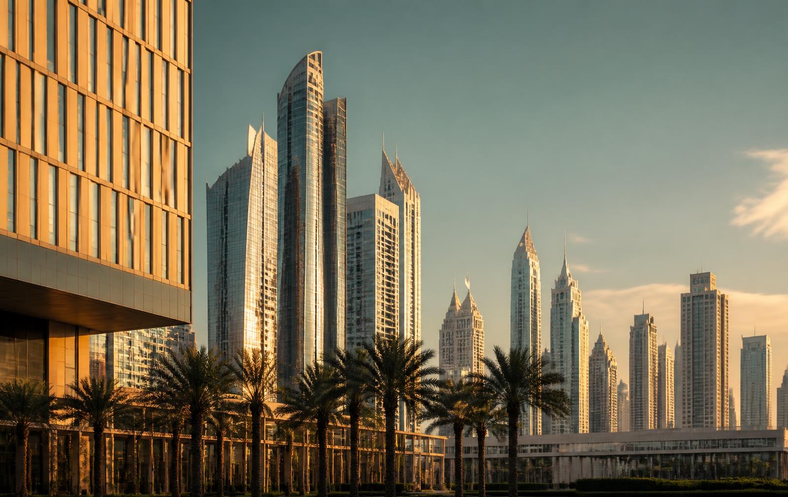 A Gulf city skyline of glass towers and palm trees at golden hour