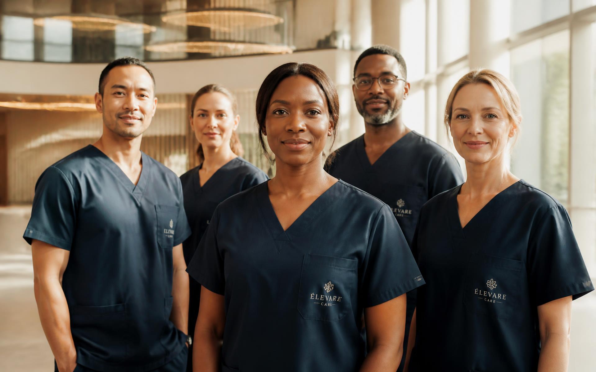 A multicultural team of care professionals standing together in a bright hospital atrium