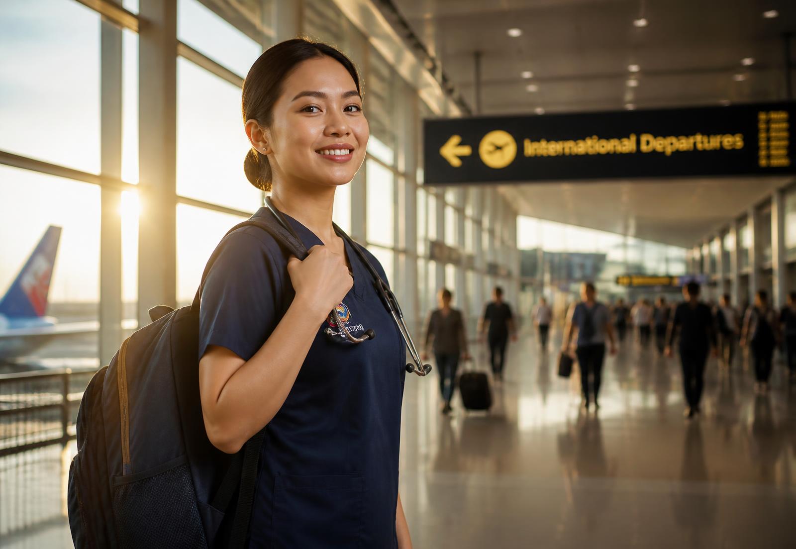A nurse with a backpack smiling in an international departures hall